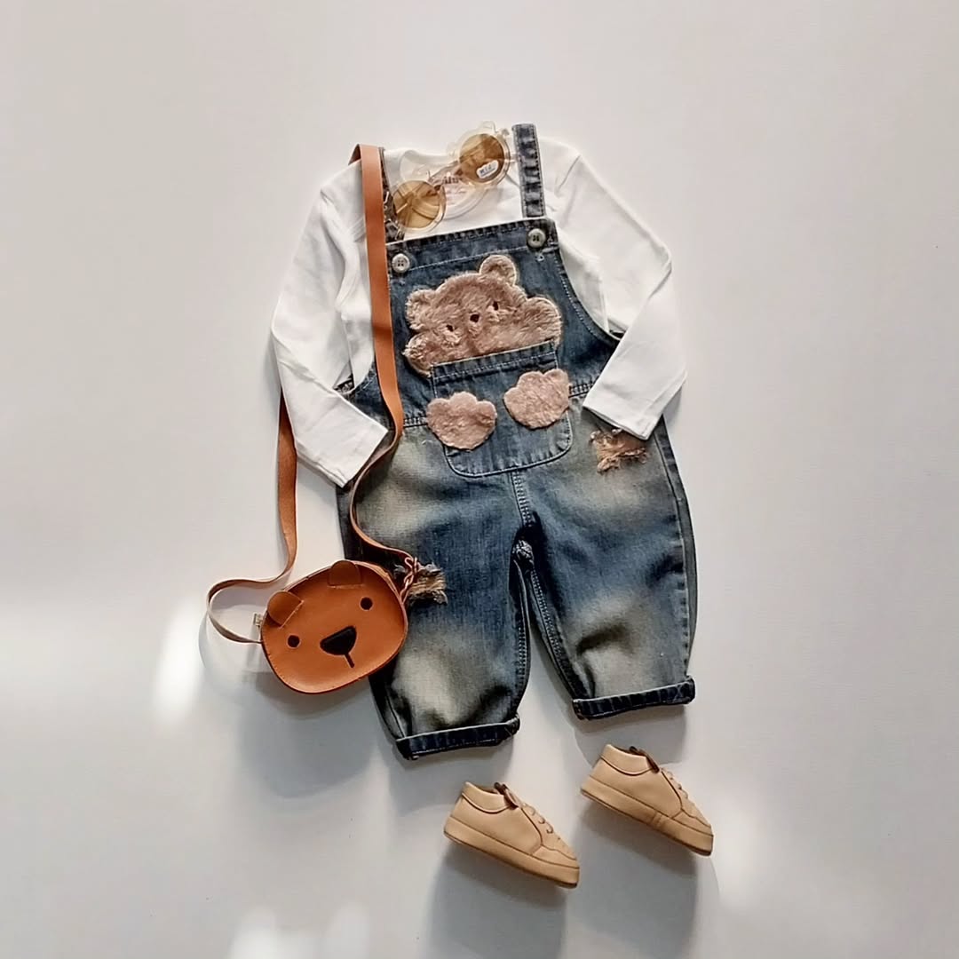 بیلر جین نوزادی و بچه گانه عروسکی طرح تدی رنگ آبی کثیف شور